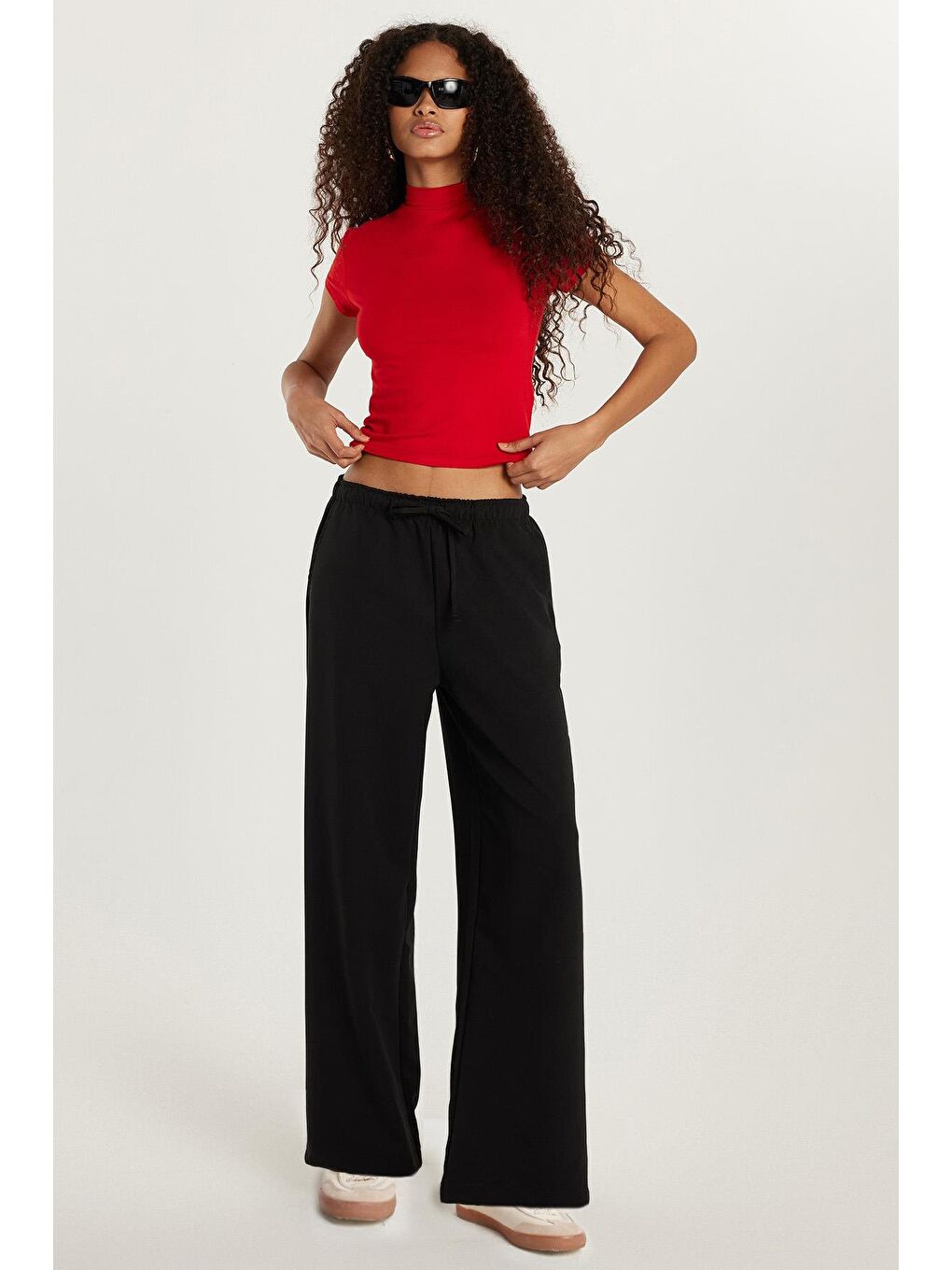 Kadın Regular Fit Beli Lastikli Bağlamalı İspanyol Paça Siyah Palazzo Pantolon-2