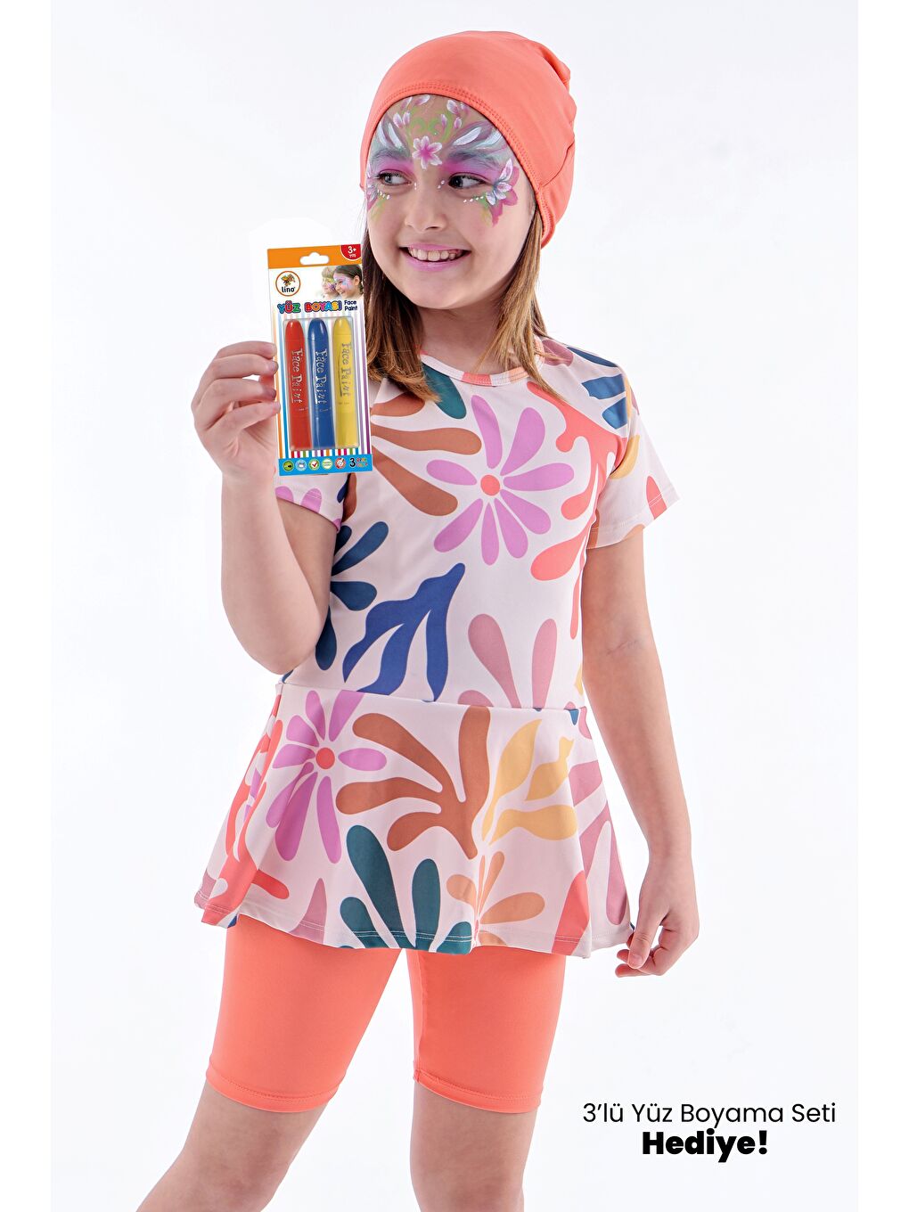 Kalp Desenli Turuncu Kız Çocuk Boneli Mayo Takımı-1