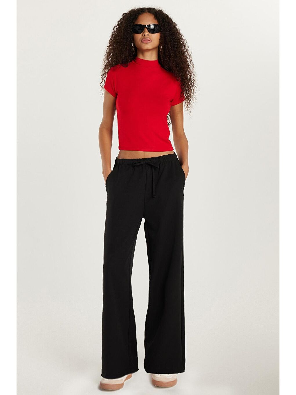 Kadın Regular Fit Beli Lastikli Bağlamalı İspanyol Paça Siyah Palazzo Pantolon-3