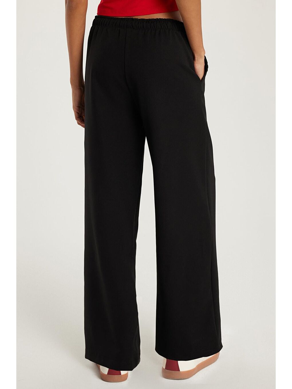 Kadın Regular Fit Beli Lastikli Bağlamalı İspanyol Paça Siyah Palazzo Pantolon-4