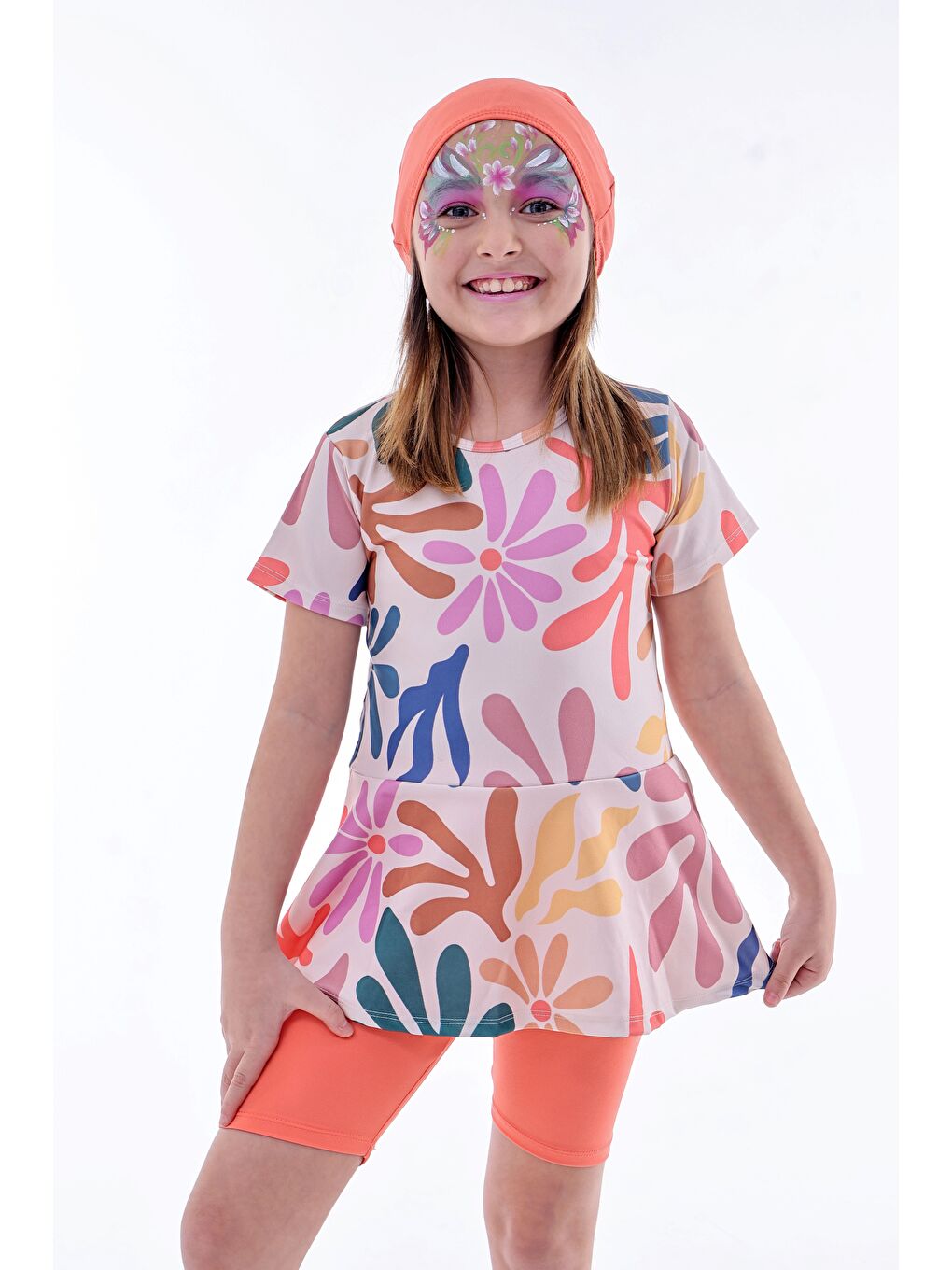 Kalp Desenli Turuncu Kız Çocuk Boneli Mayo Takımı-2