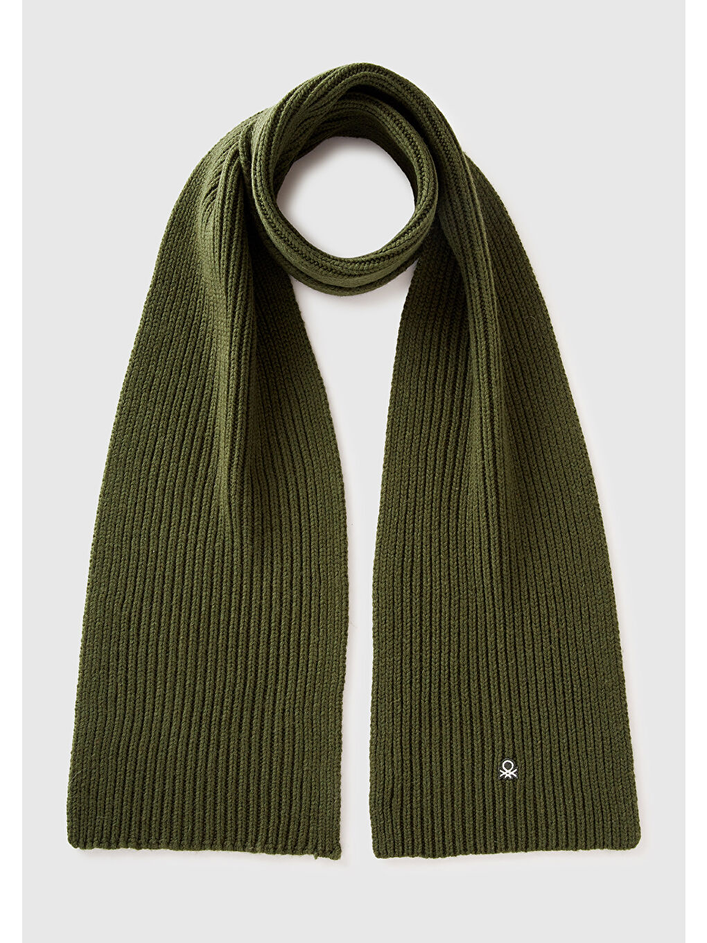 Erkek Haki Yeşilli Yün ve Akrilik Karışımlı Logo İşlemeli Ribanalı Atkı