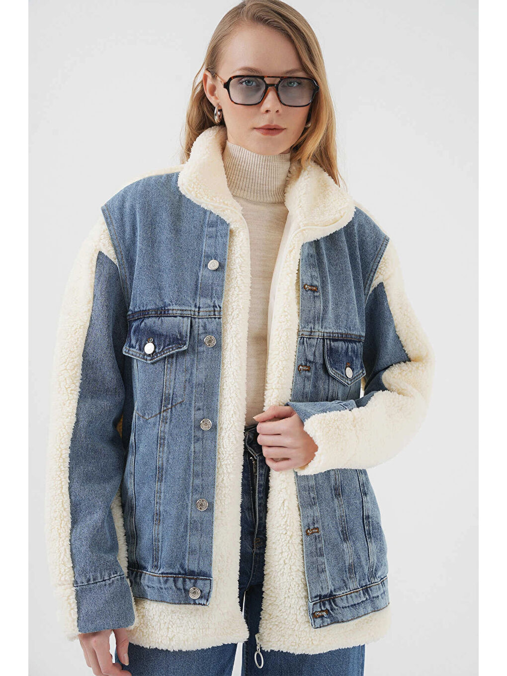 Hazelin Kadın Ekru Jean Garnili İçi Astarlı Pelüş Mont HZL25W BD151981 - 1
