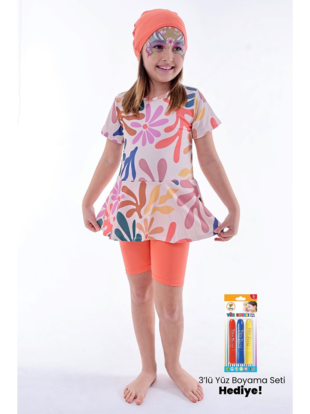 Kalp Desenli Turuncu Kız Çocuk Boneli Mayo Takımı-3