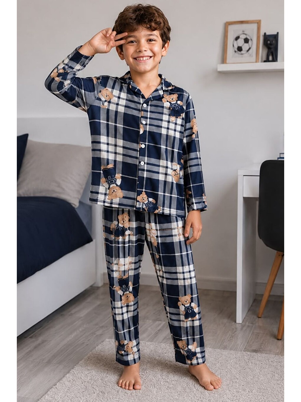 Lacivert Erkek Çocuk Aile Boyu Pamuklu Desenli Pijama Takım Tkm1024