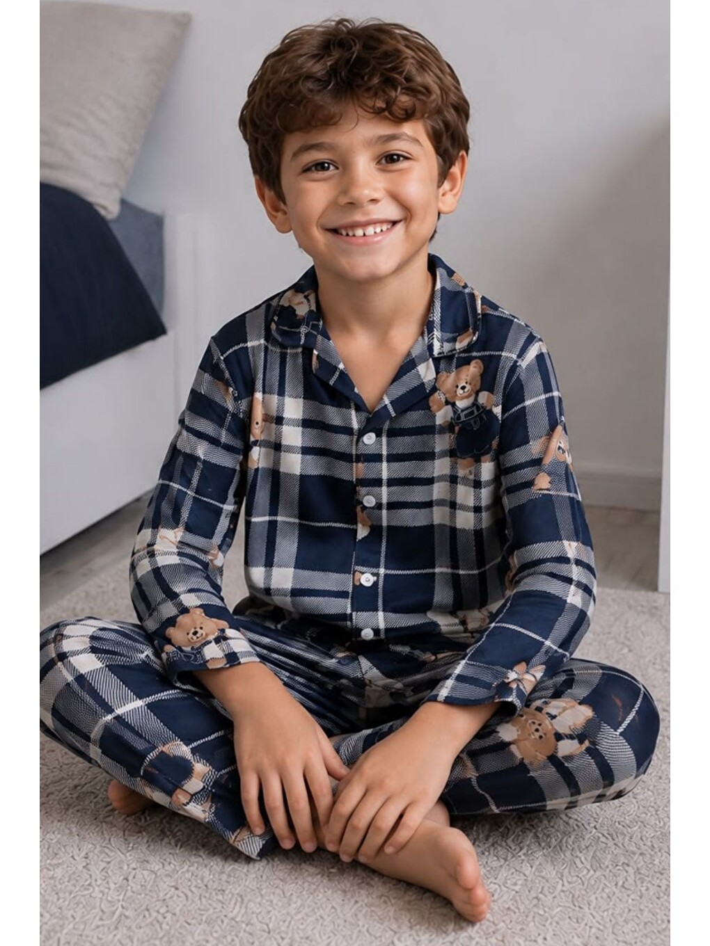 Lacivert Erkek Çocuk Aile Boyu Pamuklu Desenli Pijama Takım Tkm1024-1