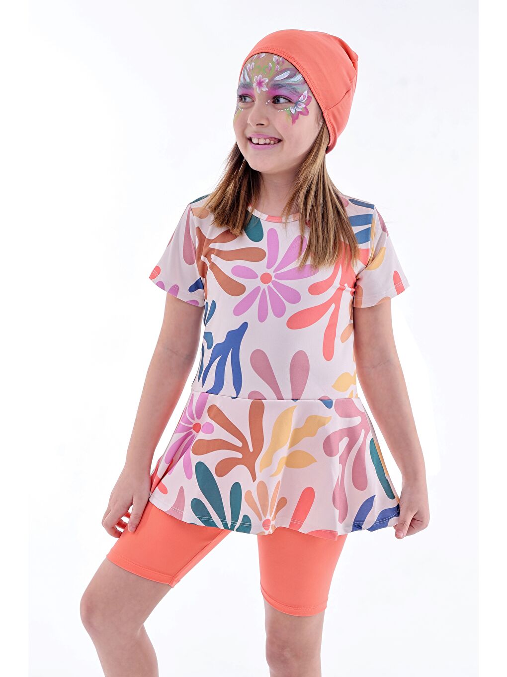 Kalp Desenli Turuncu Kız Çocuk Boneli Mayo Takımı-4