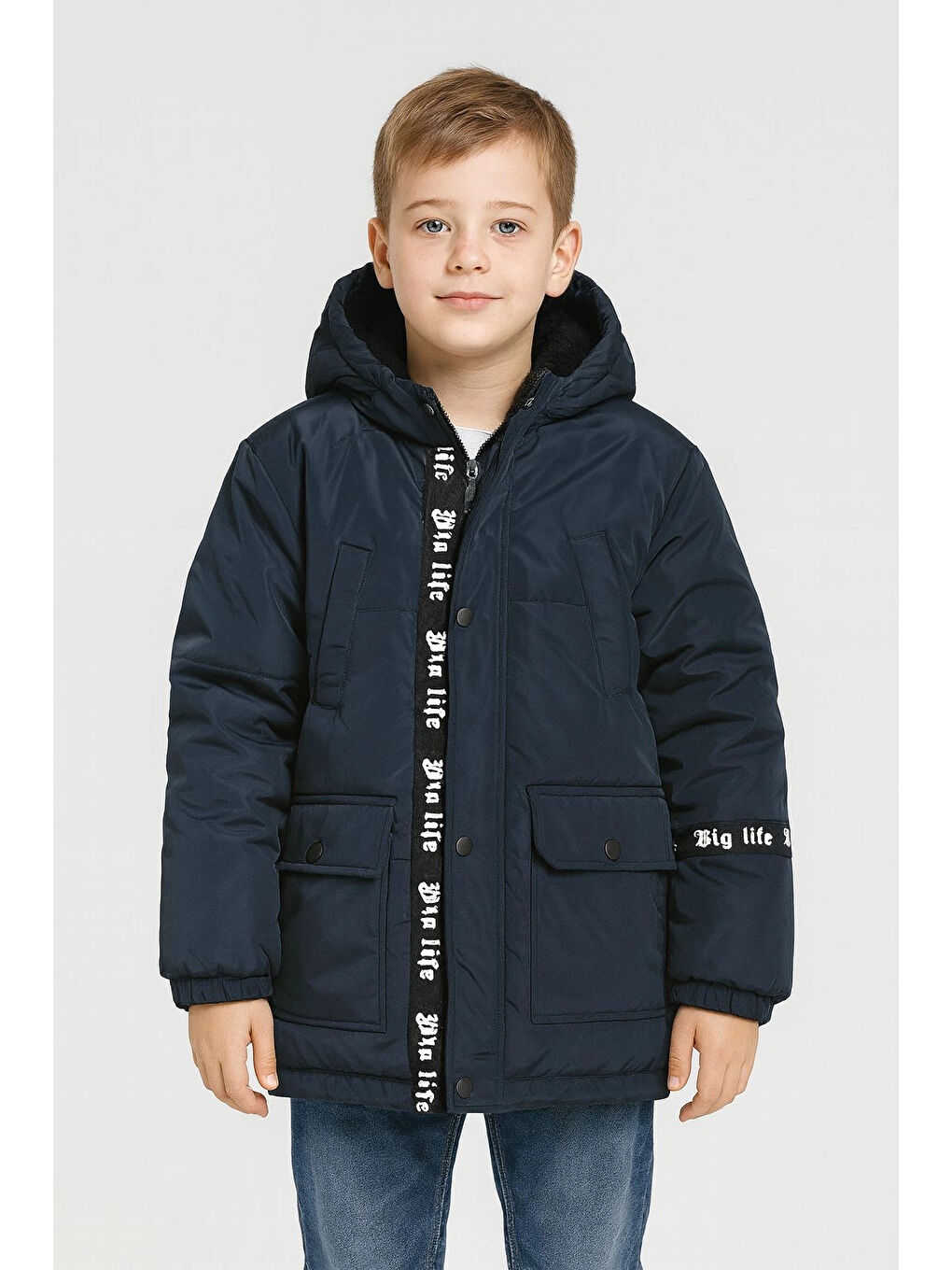 Lacivert Kapüşonlu Kışlık Erkek Çocuk Mont 4208