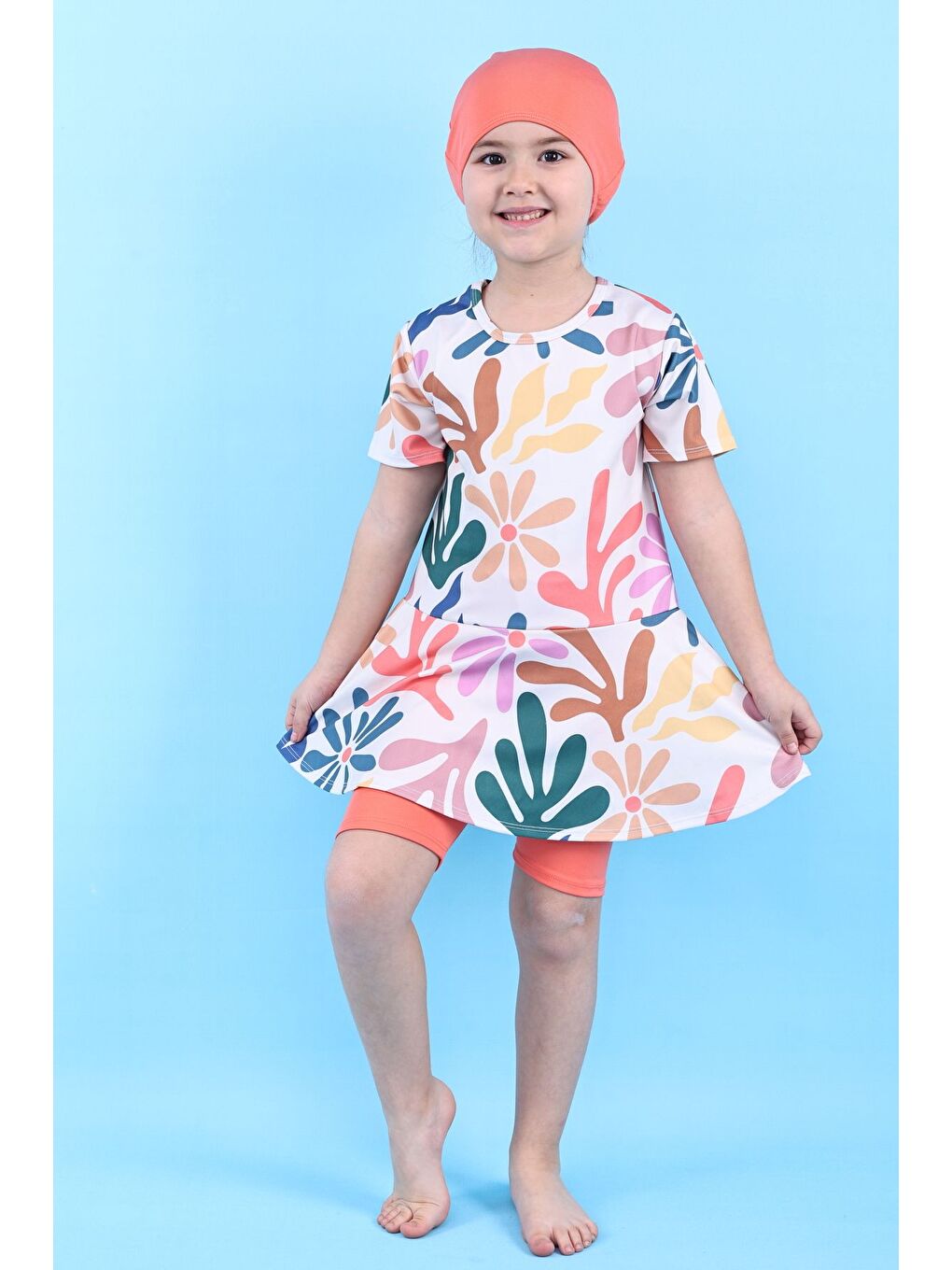 Kalp Desenli Turuncu Kız Çocuk Boneli Mayo Takımı-5