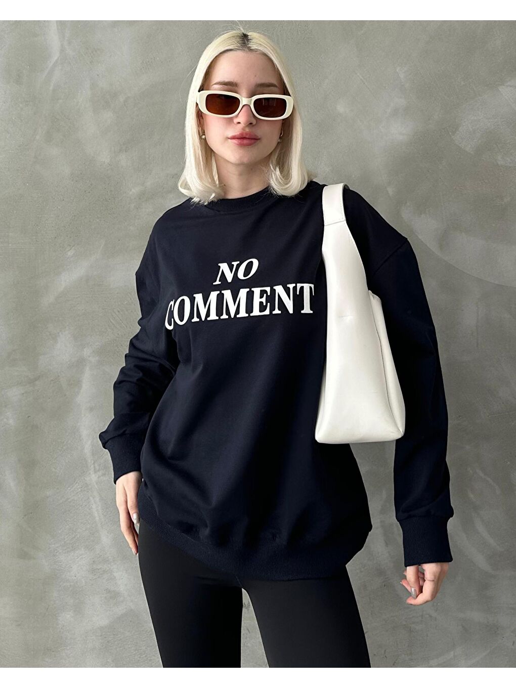 Lacivert Bisiklet Yaka Baskılı Oversize Kadın Sweatshirt Mg1902-1