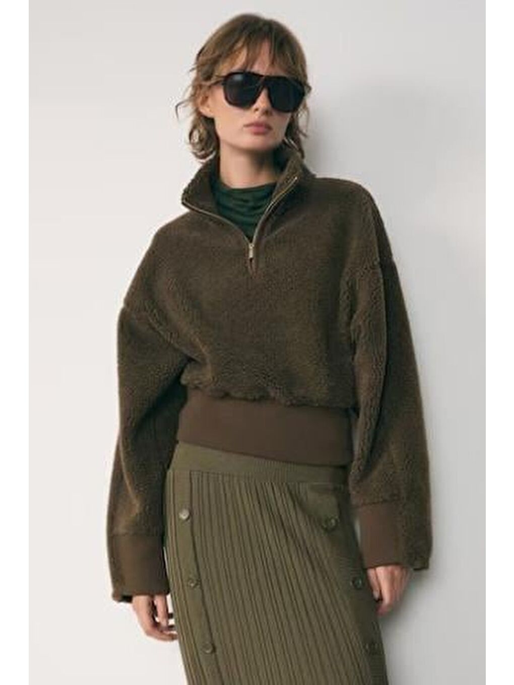 Haki Fermuar Yaka Kürklü Kadın Sweatshirt Mg2261