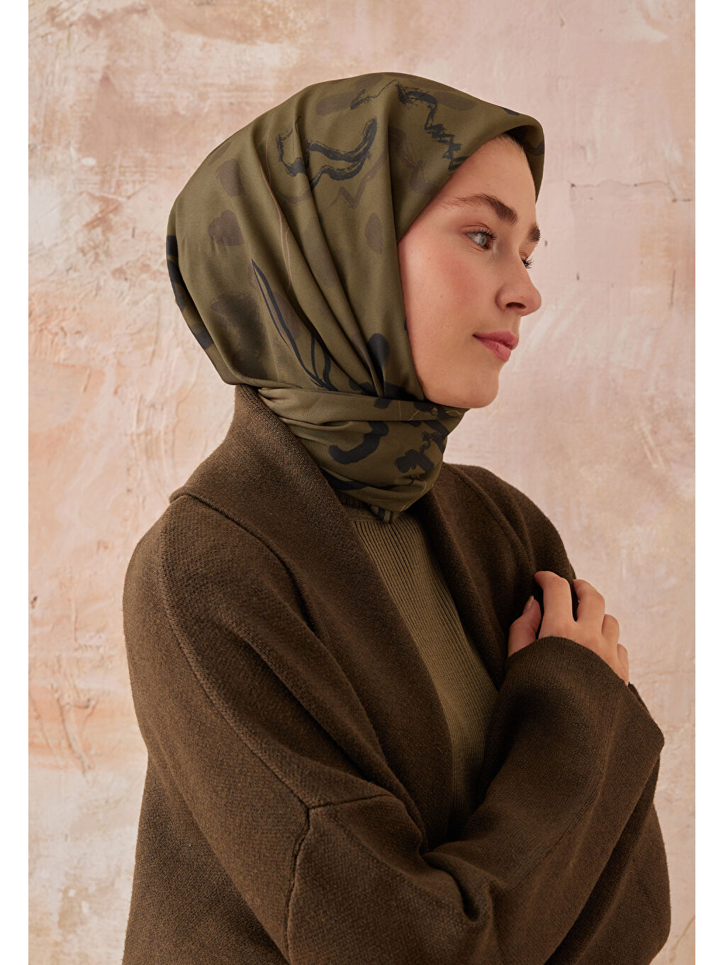 Aura Desen Pamuk İpek Eşarp Asker Yeşili-2