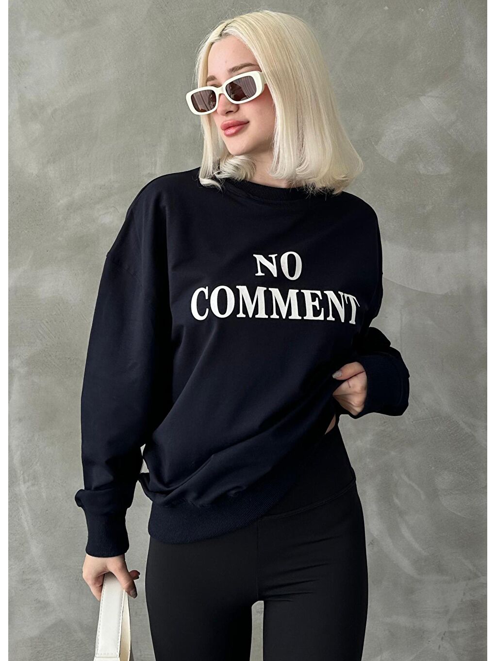 Lacivert Bisiklet Yaka Baskılı Oversize Kadın Sweatshirt Mg1902-2