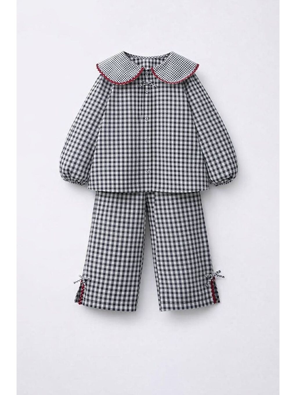 Gri Kız Çocuk Pamuklu Kareli Desenli Biye Detaylı Gömlek Pantolon Takım - Rahat Kesim-1