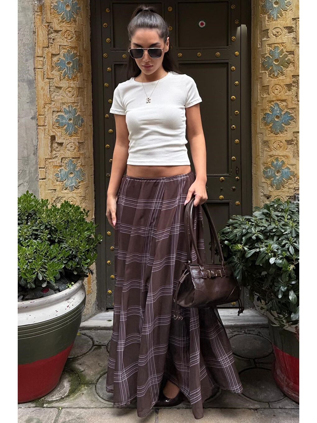 Kahverengi Ekose Desenli Vintage Şifon Maxi Etek Mg2776