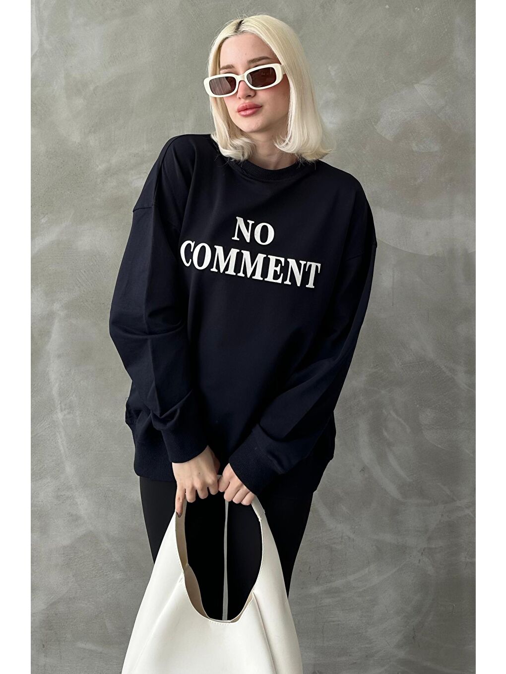 Lacivert Bisiklet Yaka Baskılı Oversize Kadın Sweatshirt Mg1902-3