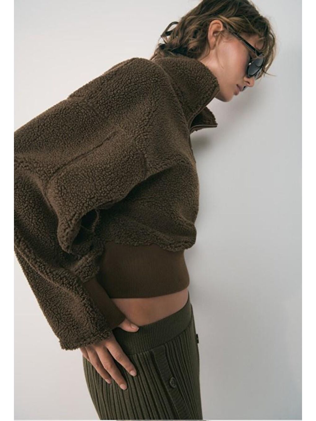 Haki Fermuar Yaka Kürklü Kadın Sweatshirt Mg2261-3