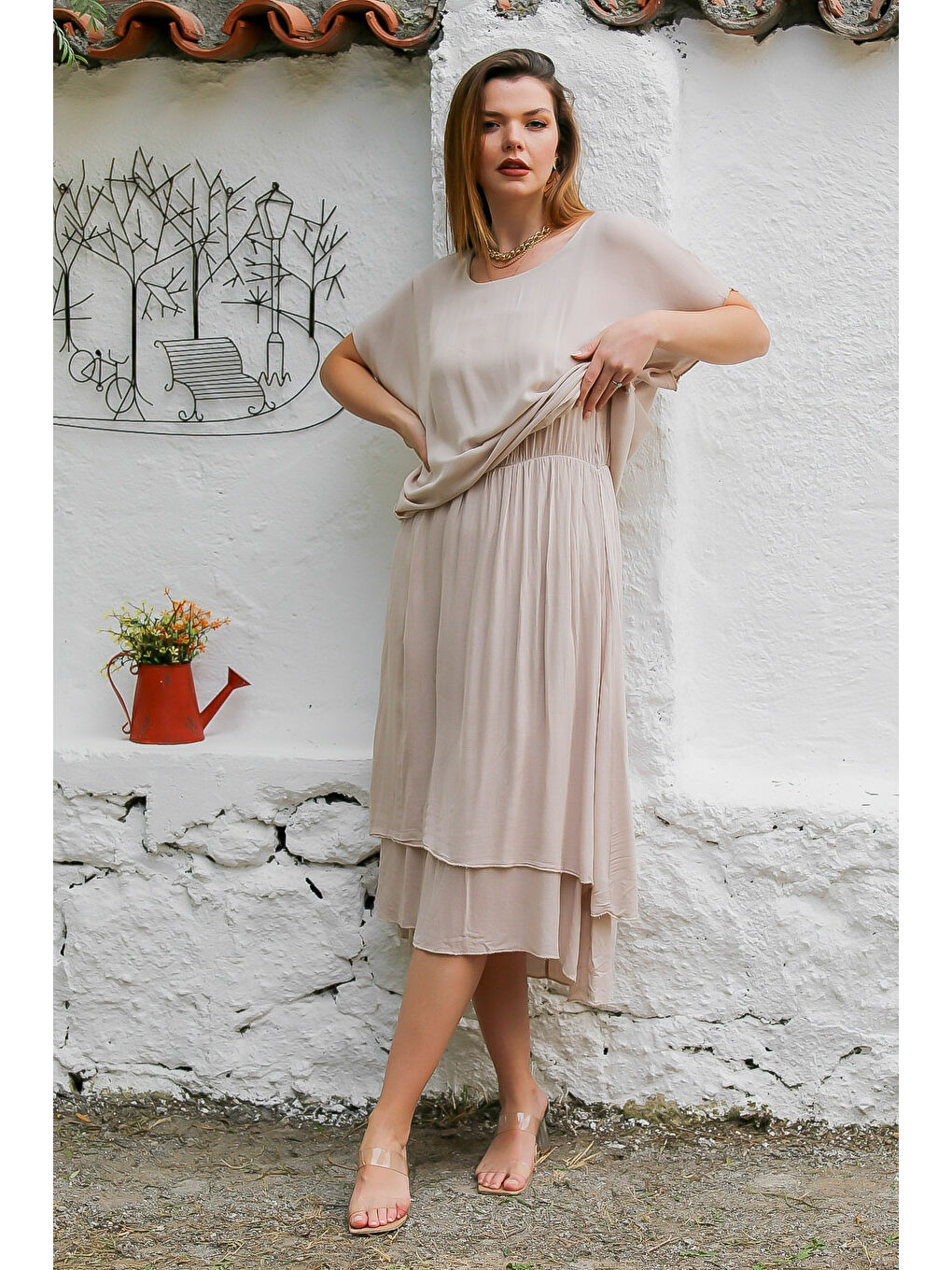 Kahverengi Camel Kayık Yaka Düşük Kol Astarlı Çift Katlı Dokuma Casual Elbise-1