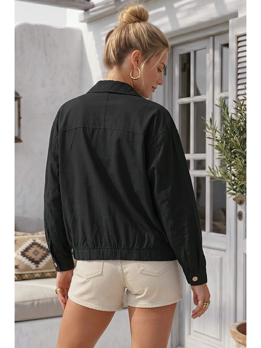 Siyah Gömlek Yaka 3/4 Kol Düğmeli Brodeli Delikişi Nakışlı Pamuklu Oversize Dokuma Ceket 65 79-7