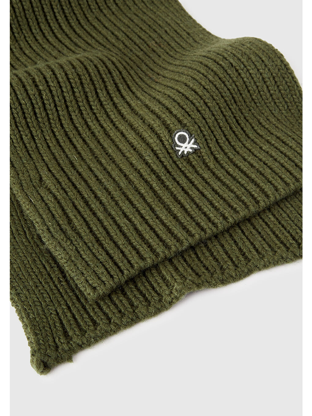 Erkek Haki Yeşilli Yün ve Akrilik Karışımlı Logo İşlemeli Ribanalı Atkı-1