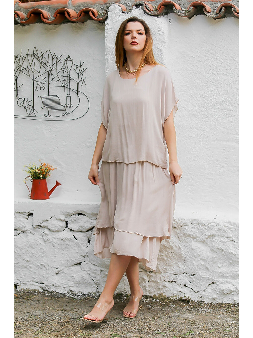 Kahverengi Camel Kayık Yaka Düşük Kol Astarlı Çift Katlı Dokuma Casual Elbise-2