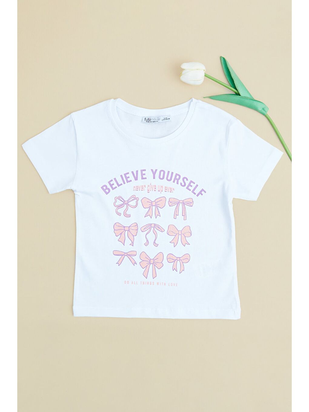 Beyaz Fiyonk Baskılı Simli Kız Çocuk Tişört