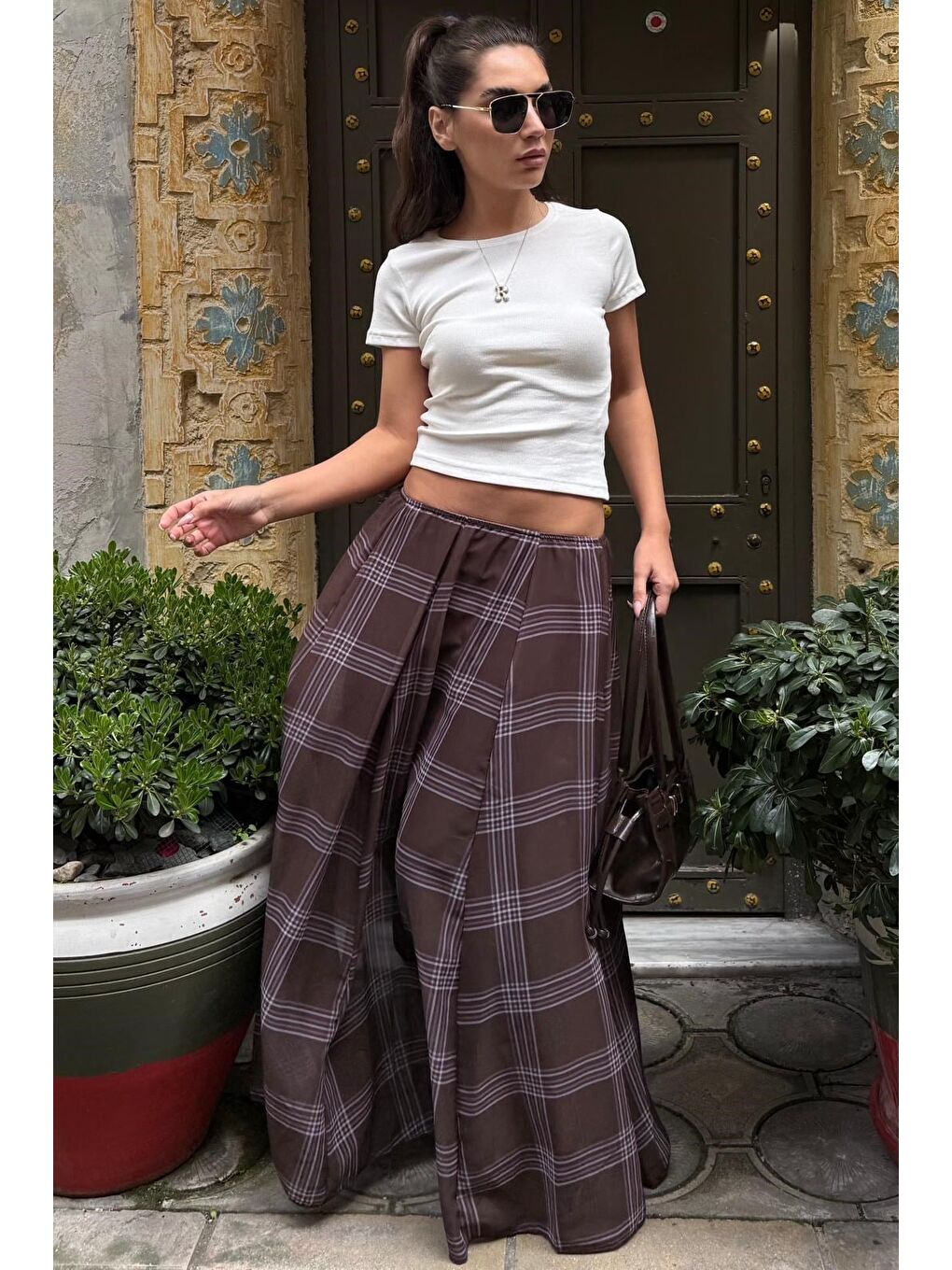 Kahverengi Ekose Desenli Vintage Şifon Maxi Etek Mg2776-1