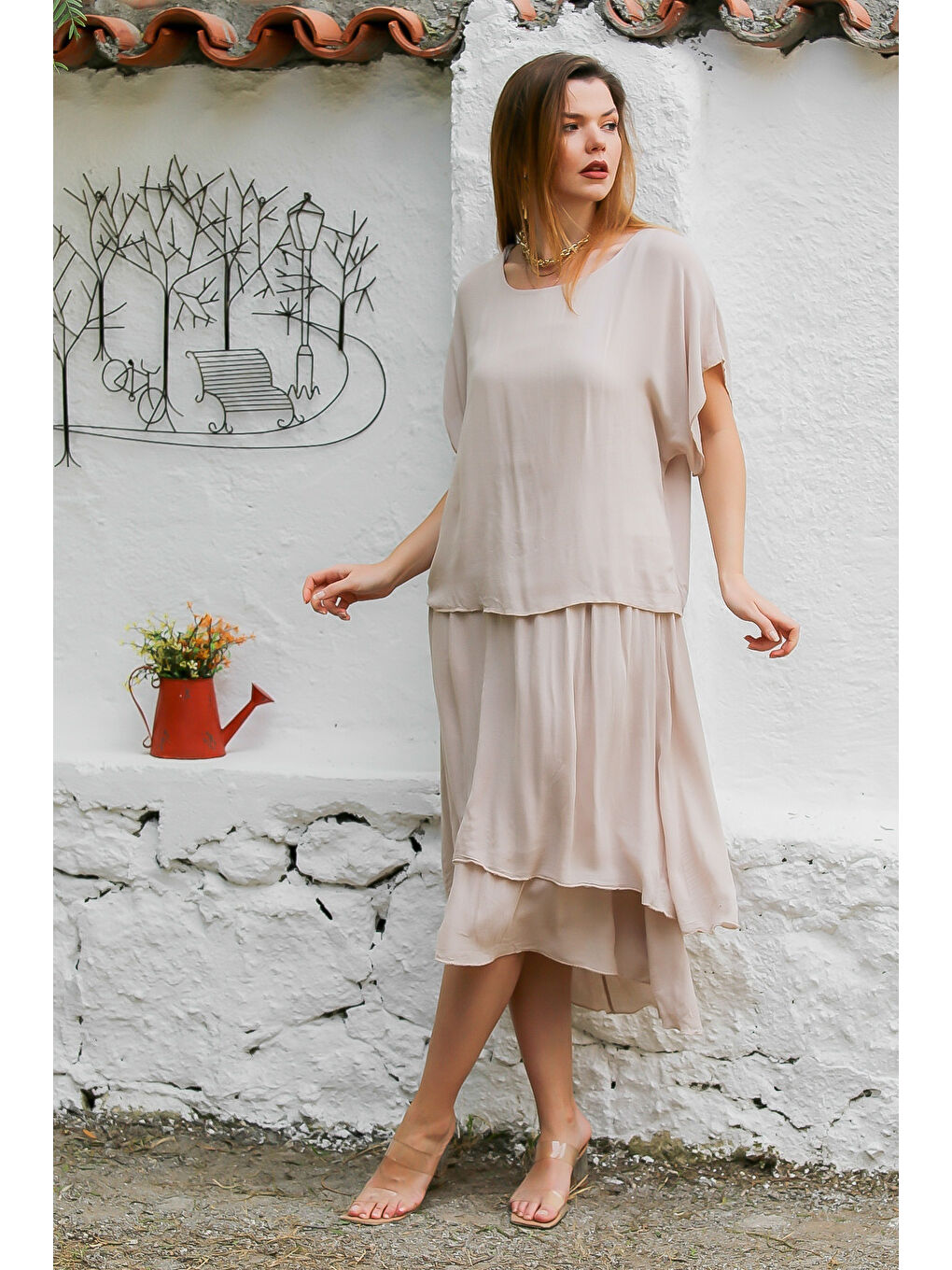 Kahverengi Camel Kayık Yaka Düşük Kol Astarlı Çift Katlı Dokuma Casual Elbise-3