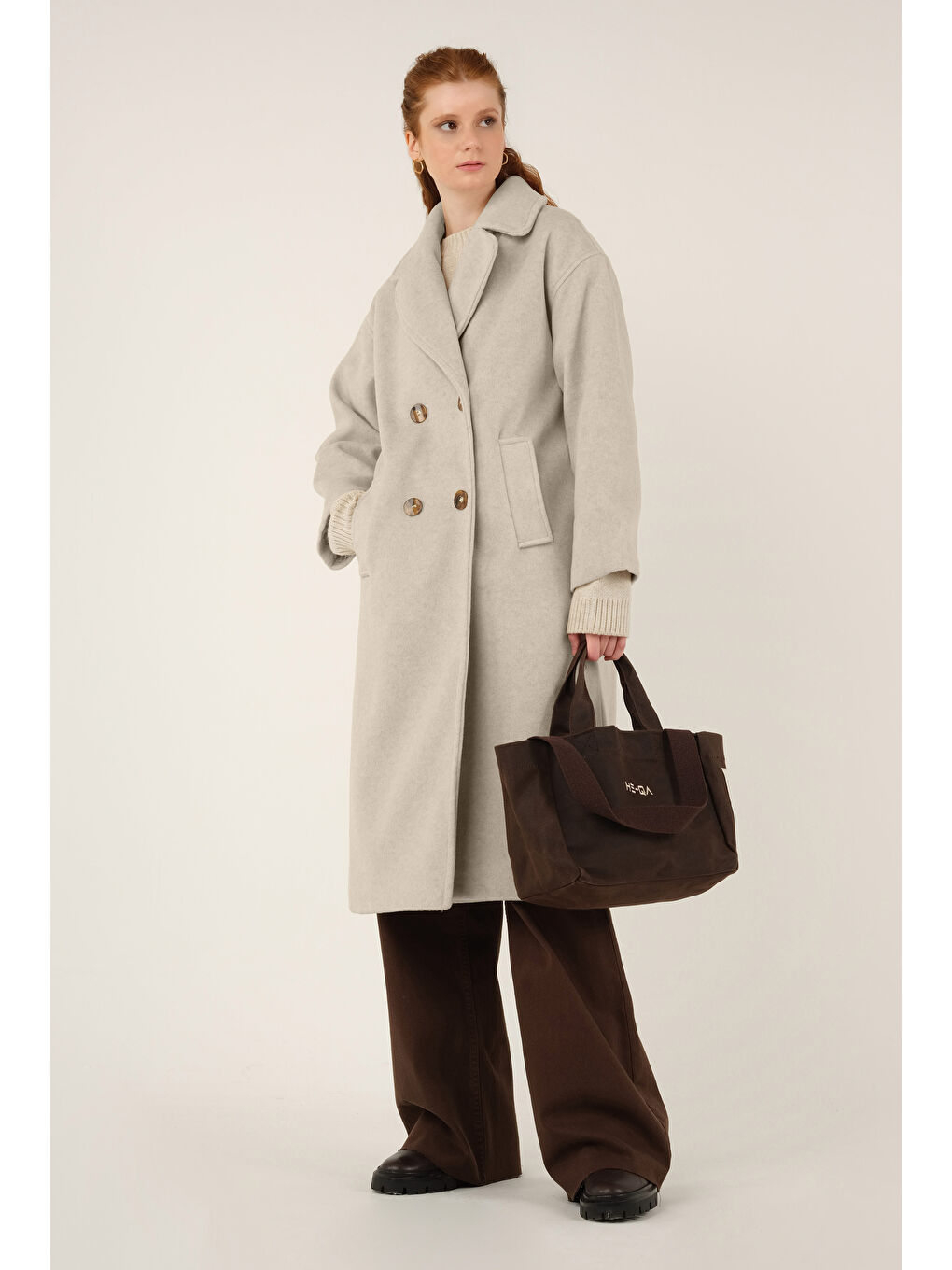 Kruvaze Düğmeli Kaşe Kaban Bej