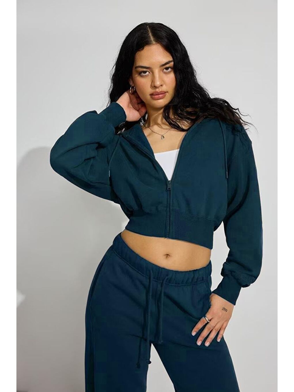 Lacivert Crop Kapüşonlu Fermuarlı Kadın Sweatshirt Mg2608