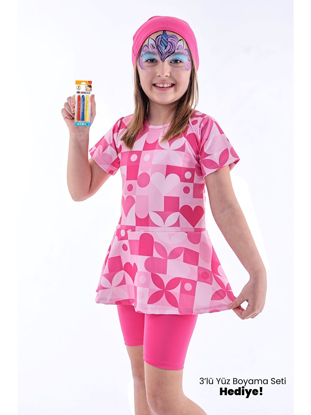 Kalp Desenli Pembe Kız Çocuk Boneli Mayo Takımı-1