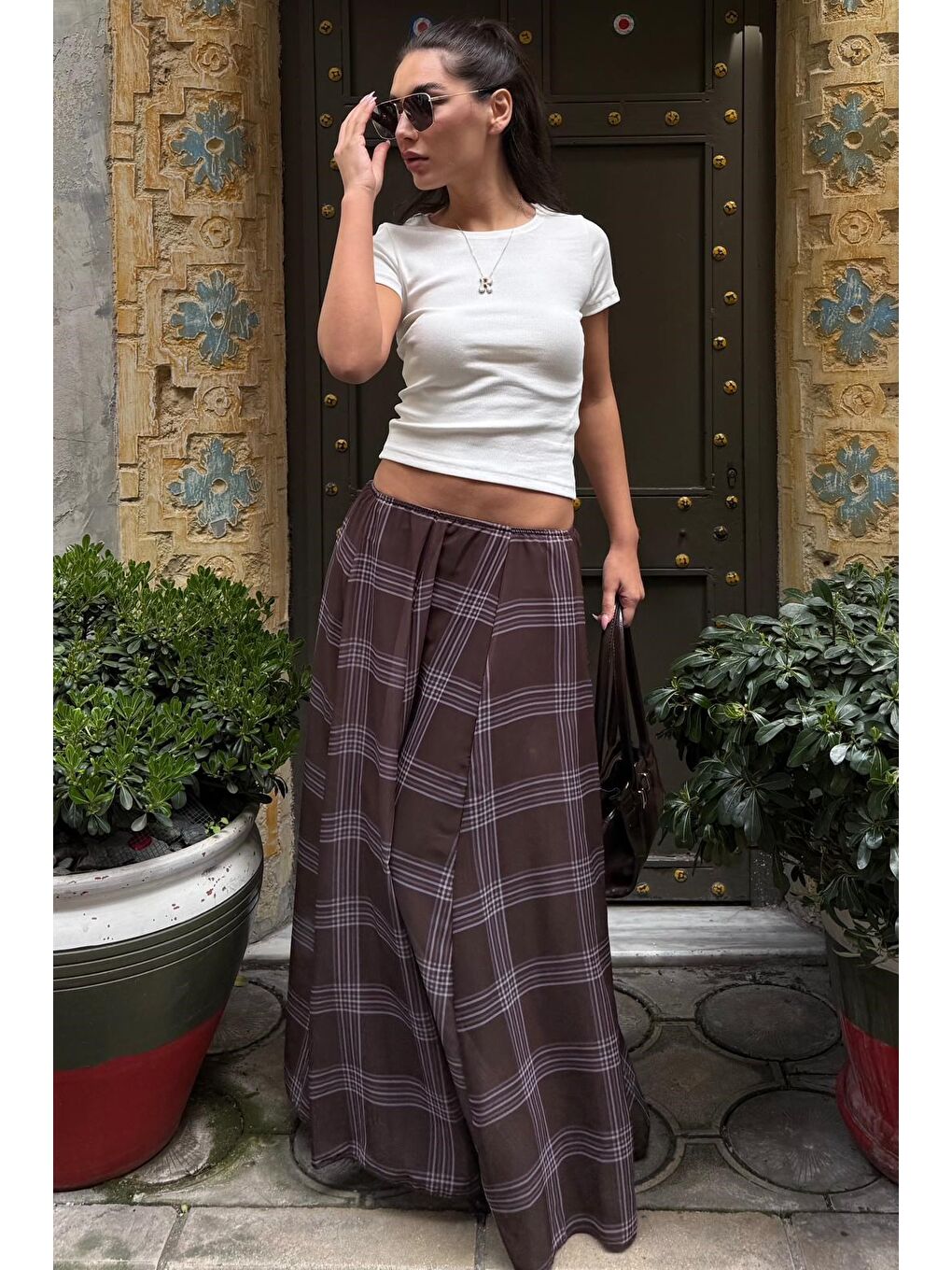 Kahverengi Ekose Desenli Vintage Şifon Maxi Etek Mg2776-2