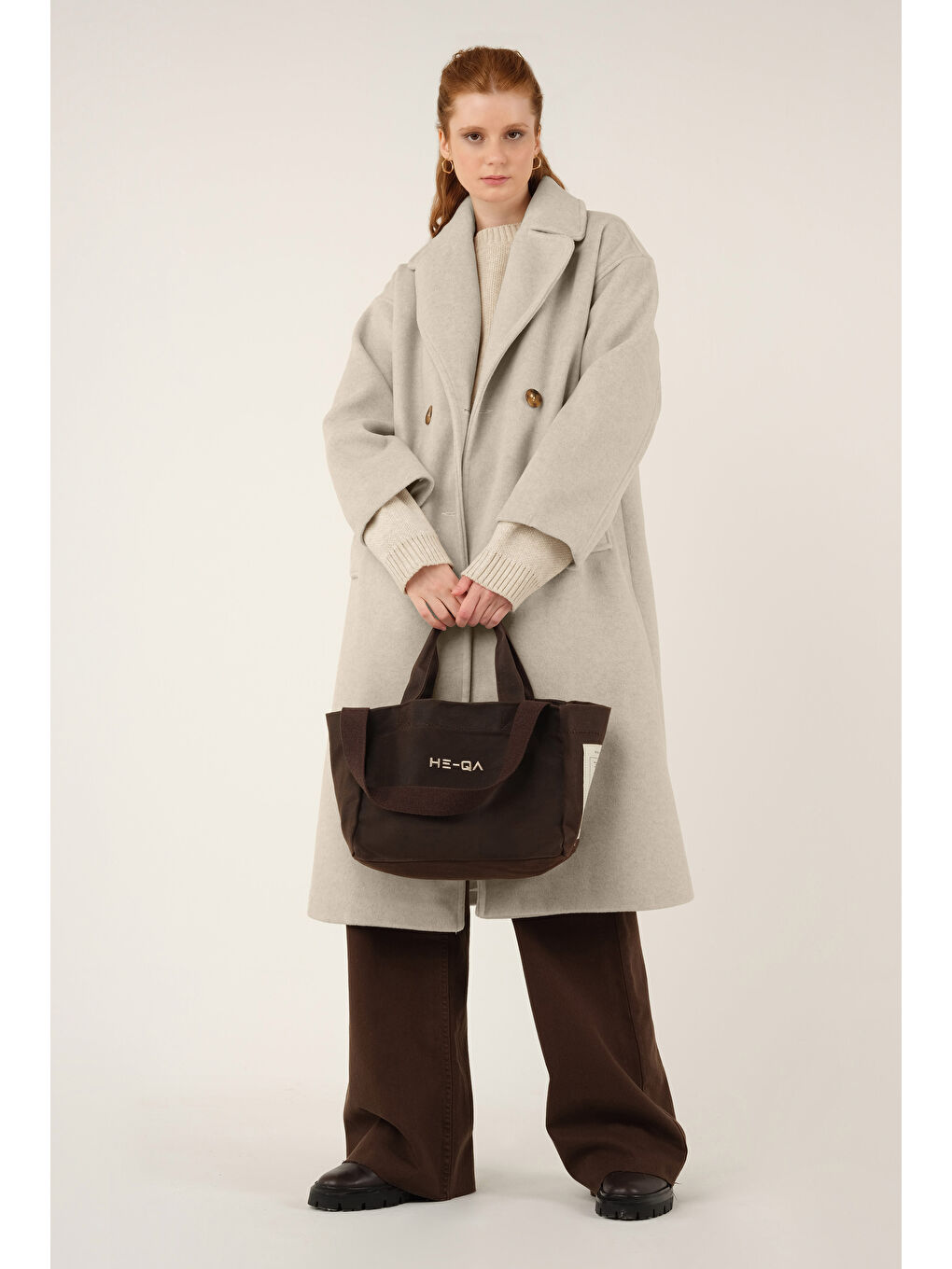 Kruvaze Düğmeli Kaşe Kaban Bej-1