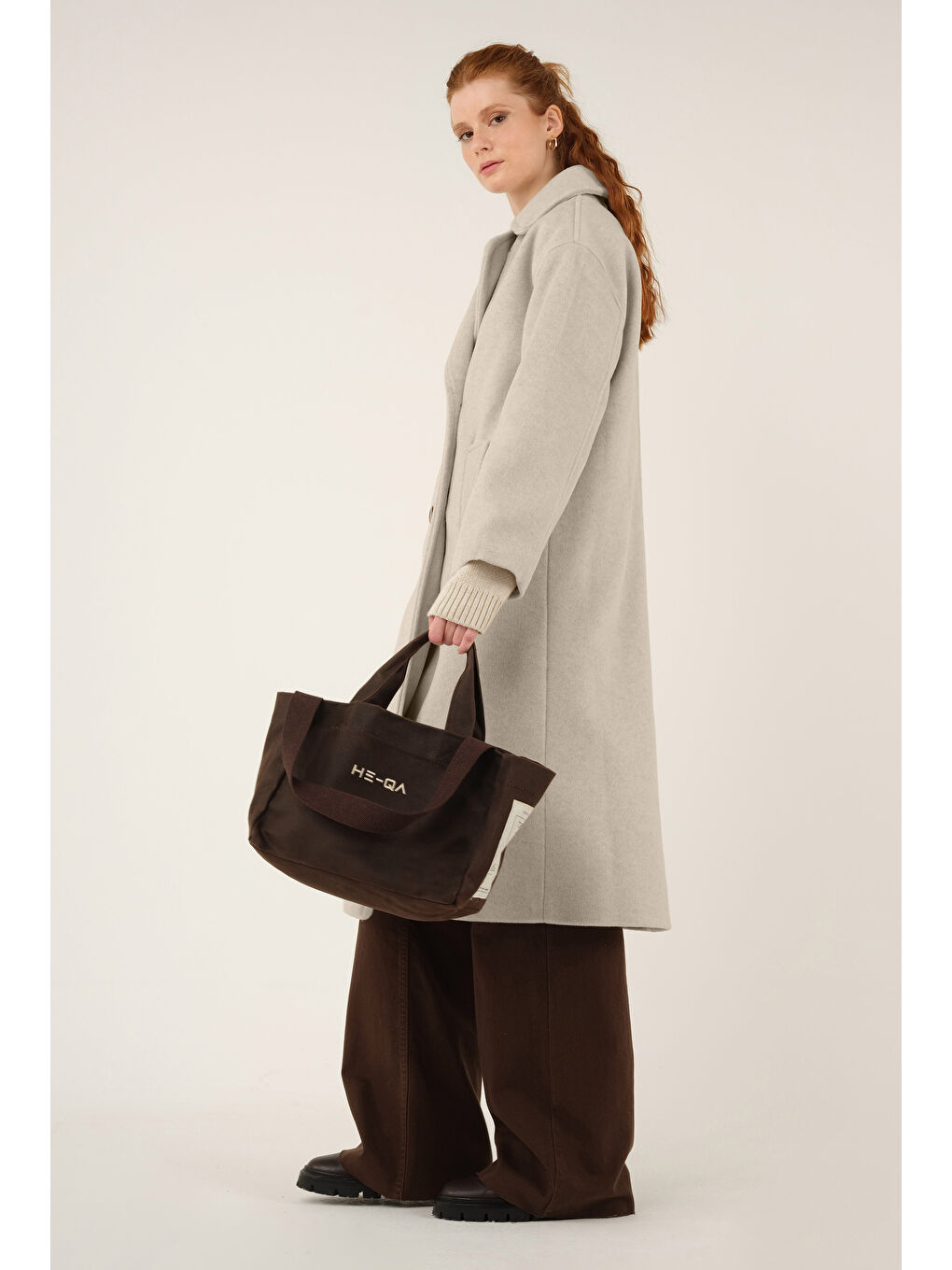 Kruvaze Düğmeli Kaşe Kaban Bej-2