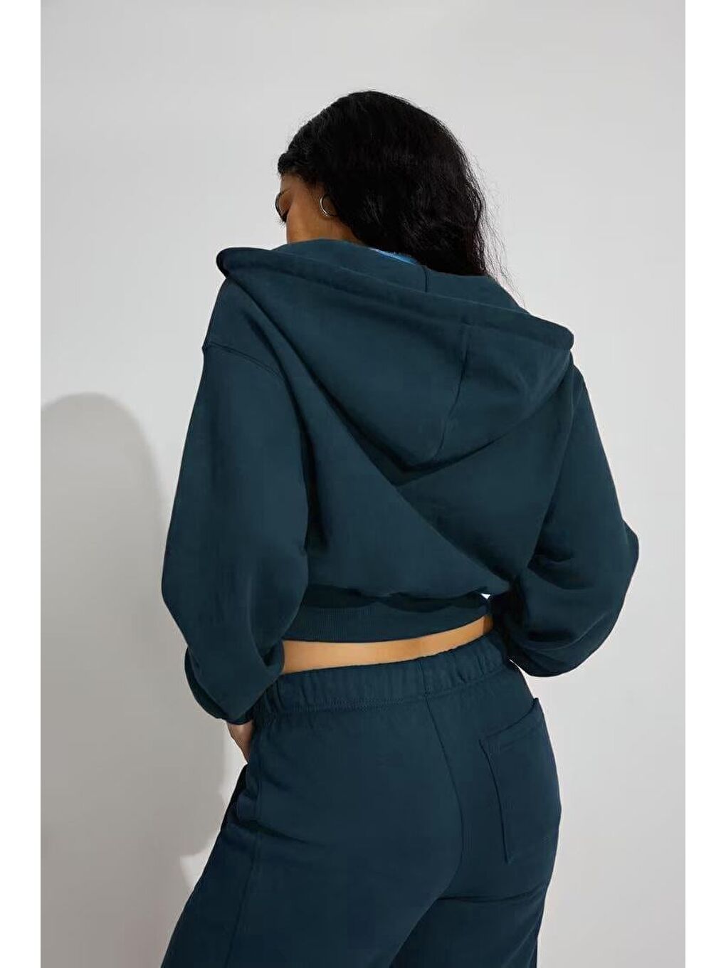 Lacivert Crop Kapüşonlu Fermuarlı Kadın Sweatshirt Mg2608-1
