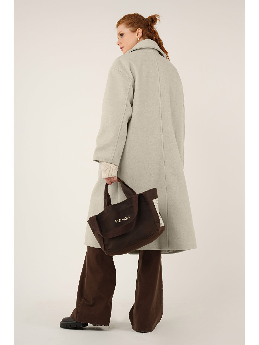 Kruvaze Düğmeli Kaşe Kaban Bej-3