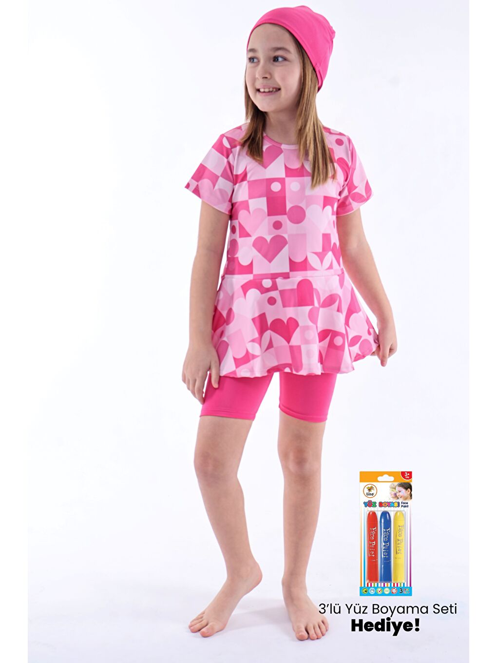 Kalp Desenli Pembe Kız Çocuk Boneli Mayo Takımı-2