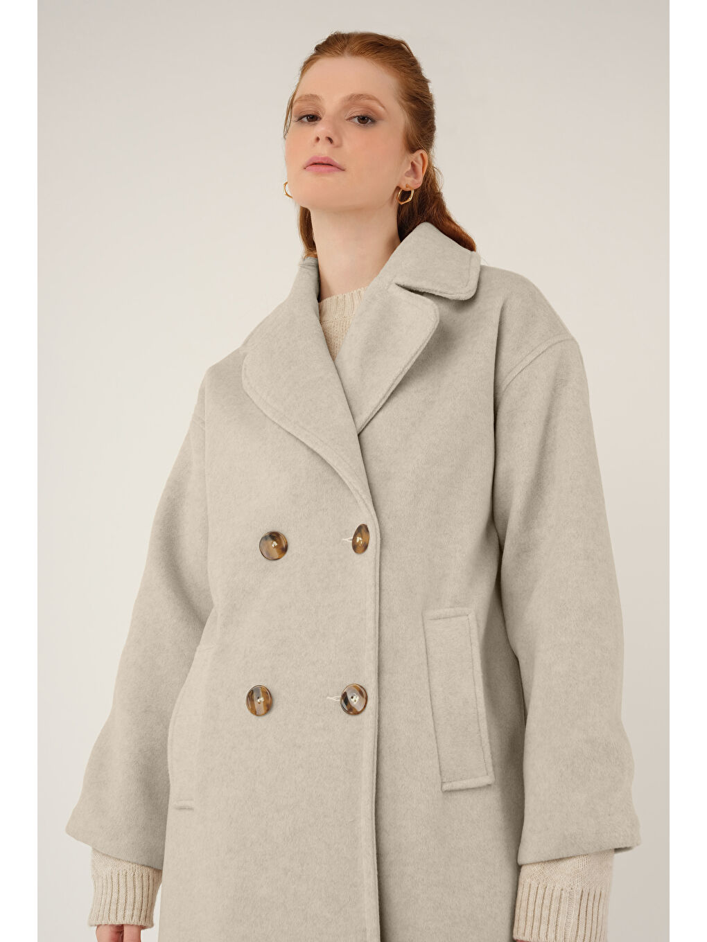 Kruvaze Düğmeli Kaşe Kaban Bej-4