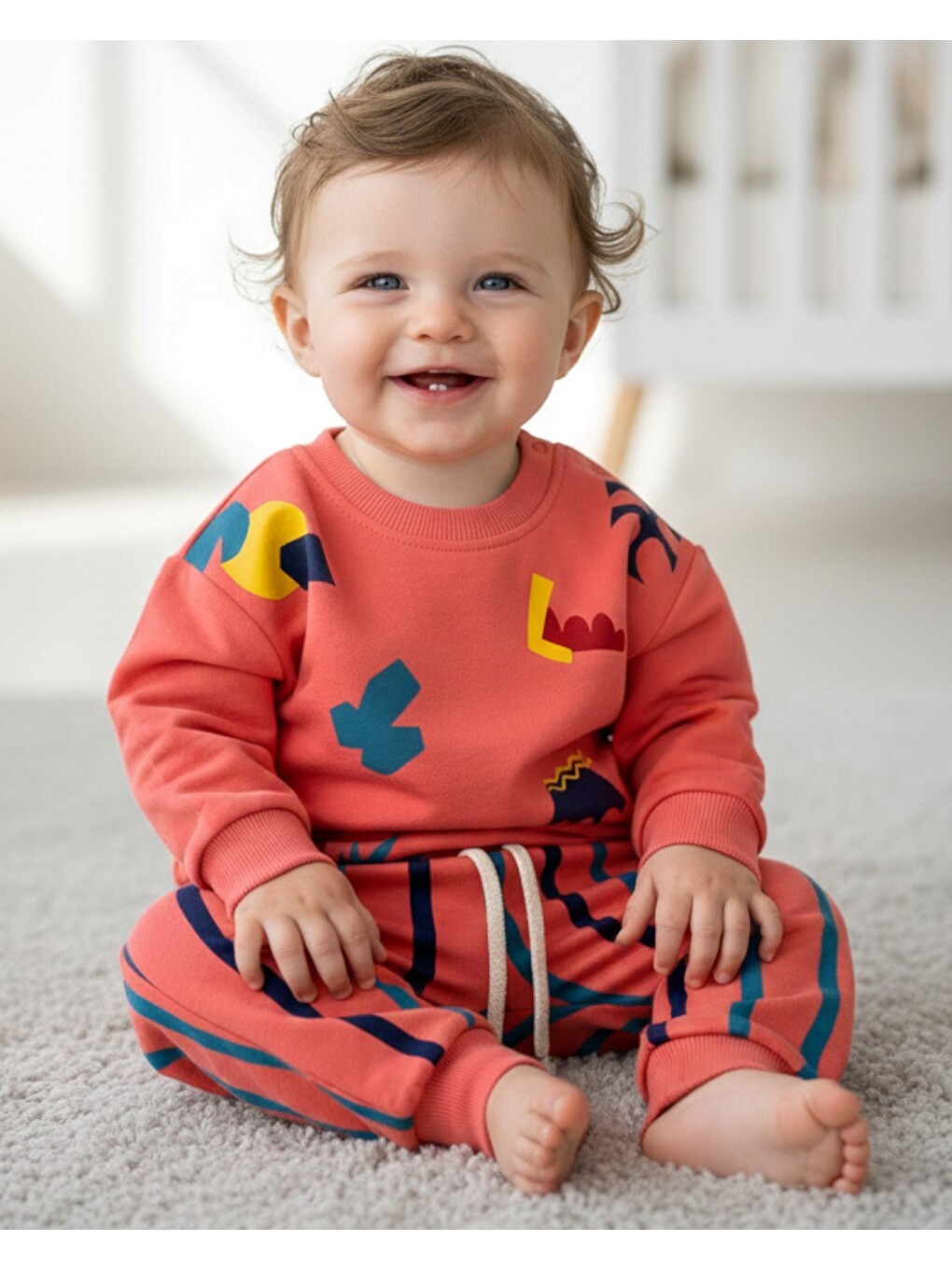 Kırmızı Erkek Bebek Mevsimlil Baskılı Sweatshirt, Çizgili Altlı 6-9-12-18-24 Ay 2'li Alt Üst Takım