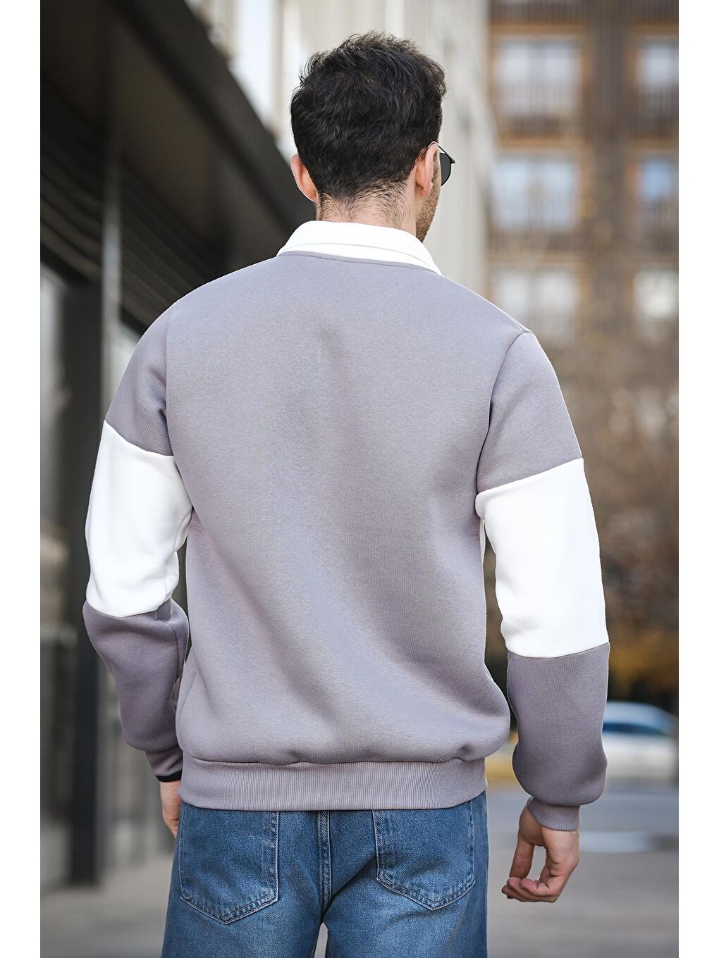 Oksit Gri Real Side Baskılı Üç İplik Şardonlu Slim Fit Polo Yaka Erkek Sweatshirt - 3