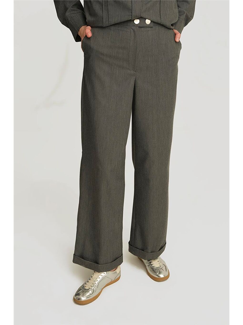 Gri Paçası Katlı Palazzo Pantolon 25Yd4241-2 Antrasit-2