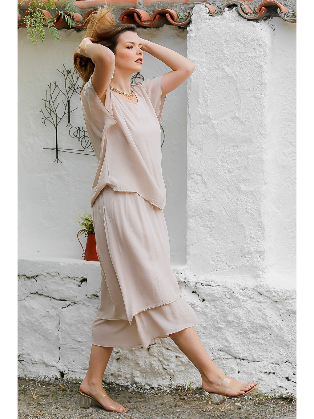 Kahverengi Camel Kayık Yaka Düşük Kol Astarlı Çift Katlı Dokuma Casual Elbise-5