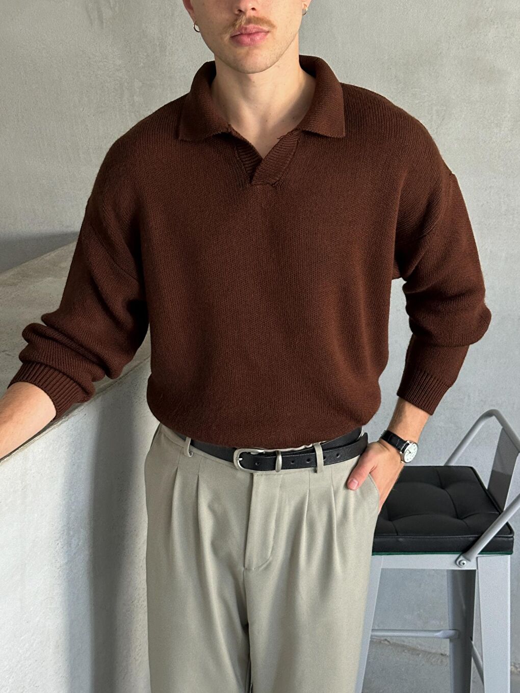 Kahverengi Erkek Polo Yaka Örme Oversize Kazak-1