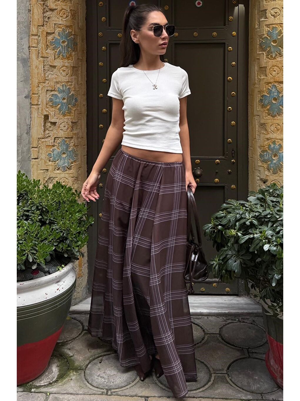 Kahverengi Ekose Desenli Vintage Şifon Maxi Etek Mg2776-4