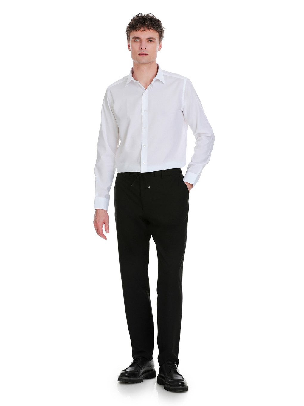 Beyaz Slim Fit 100% Pamuk Slim Yaka Pamuklu Uzun Kollu Gömlek-1