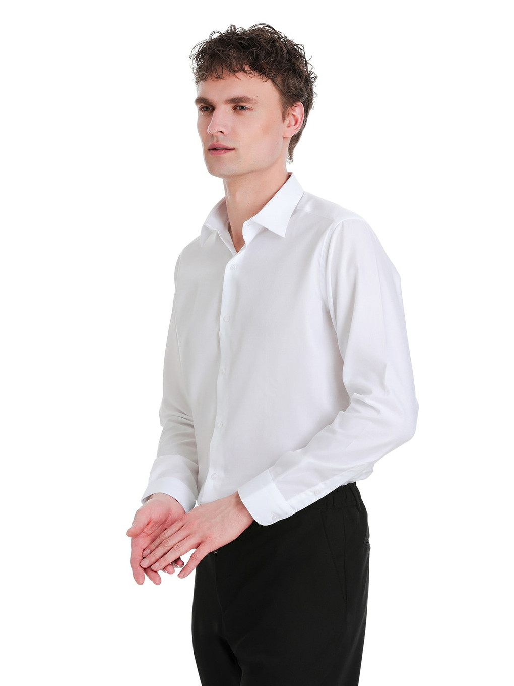 Beyaz Slim Fit 100% Pamuk Slim Yaka Pamuklu Uzun Kollu Gömlek-2