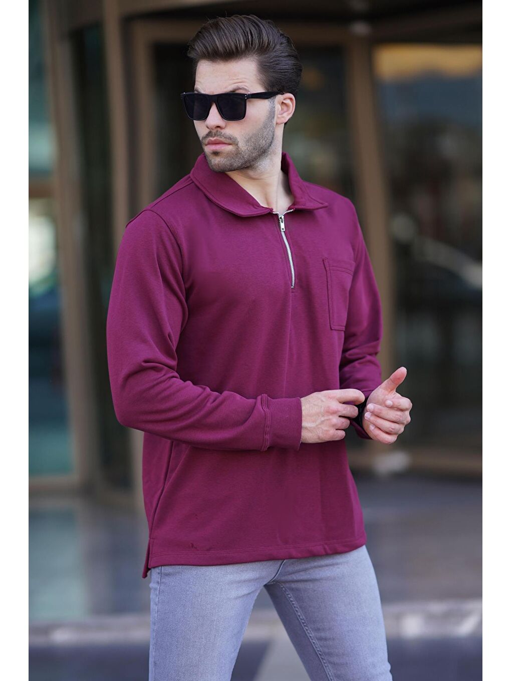 Madmext Bordo Yaka Fermuarlı Uzun Kollu Erkek Sweatshirt 7057 - 1