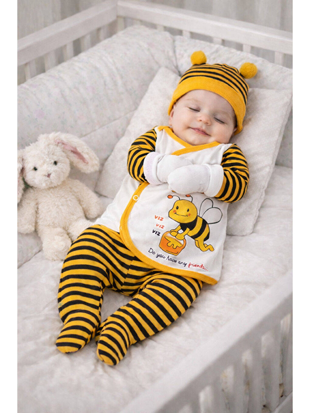 Sarı Arı Temalı Organik Pamuk Yenidoğan Hastane Çıkış Seti 5 Parça Kutulu-2