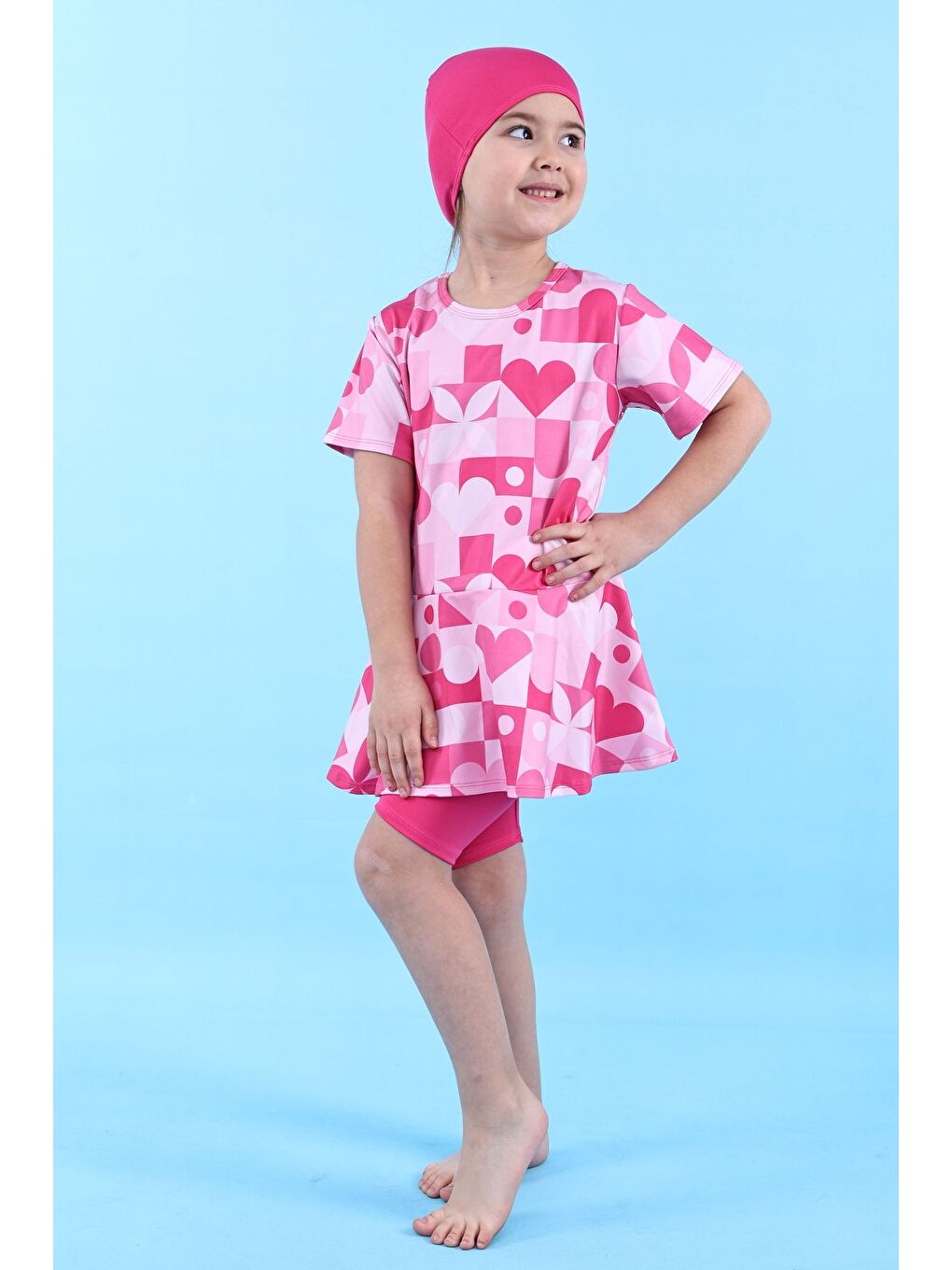 Kalp Desenli Pembe Kız Çocuk Boneli Mayo Takımı-6