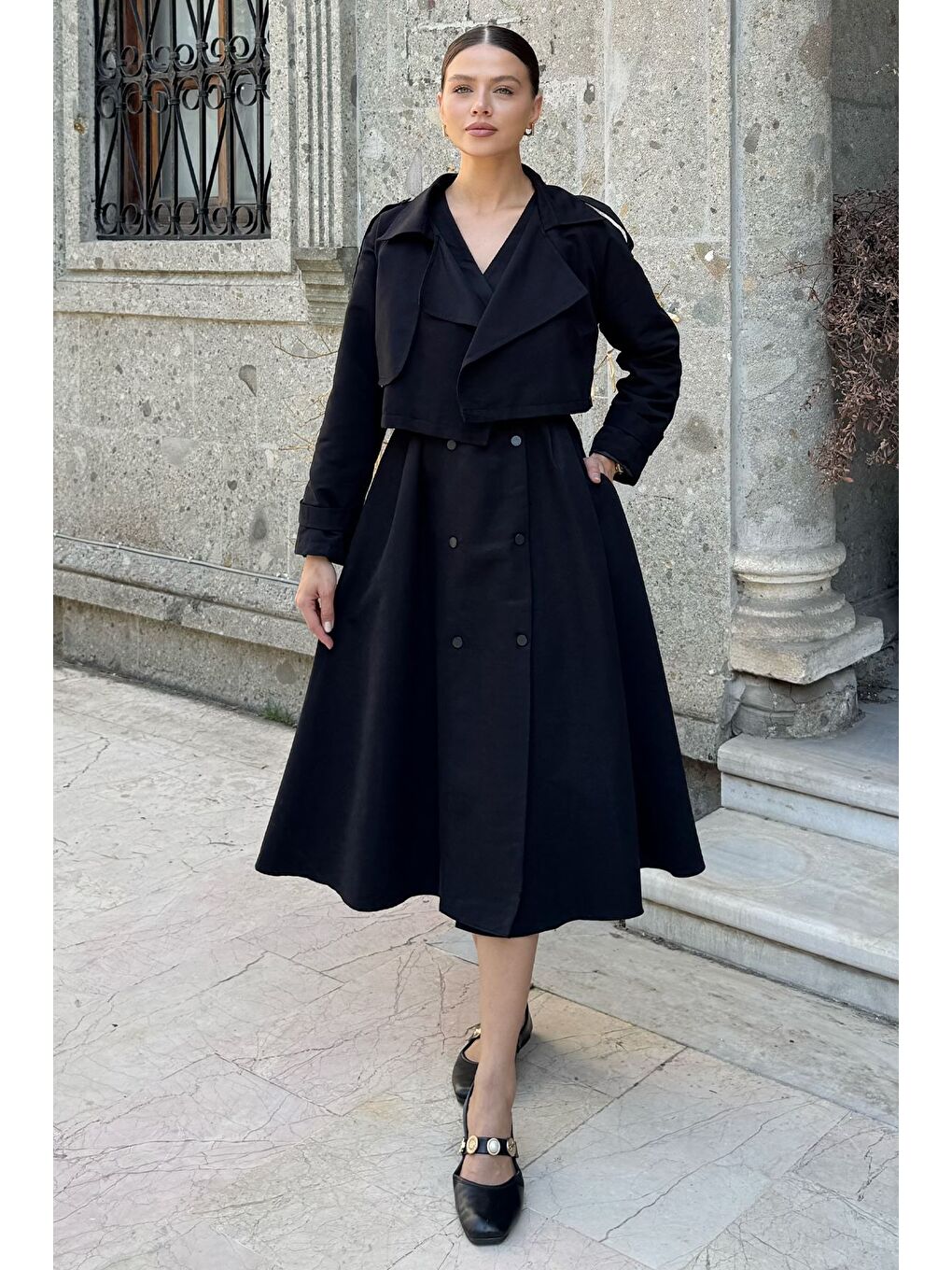 Siyah Kadın Trenç Kumaş Ceket Elbise İkili Takım